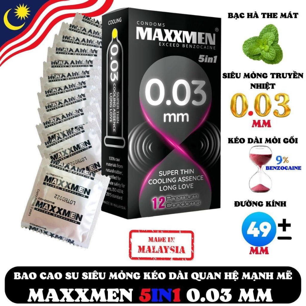 Bao cao su Maxxmen 5in1, bao cao su siêu mỏng 0.03mm, chống xuất tinh sớm kéo dài thời gian